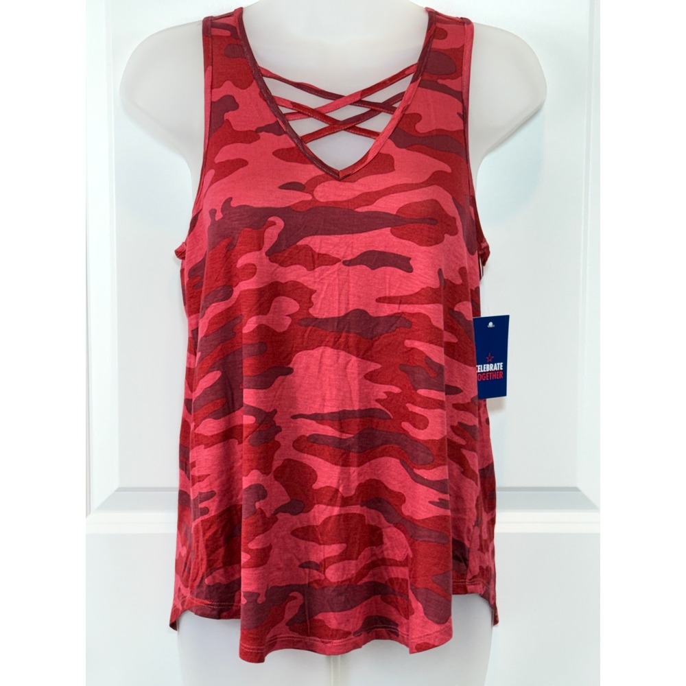 NWT‎ Celebrate Together Red Camo Crisscross V Neck Tank Top Women's XS X-Small